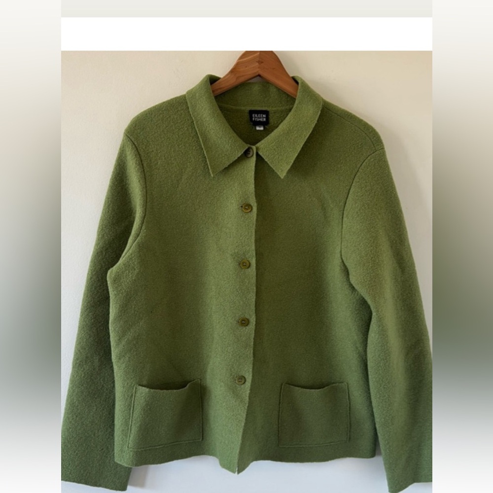 Eileen Fisher Green 100% Wool Button Down Sweater Front Pickets Size Medium
